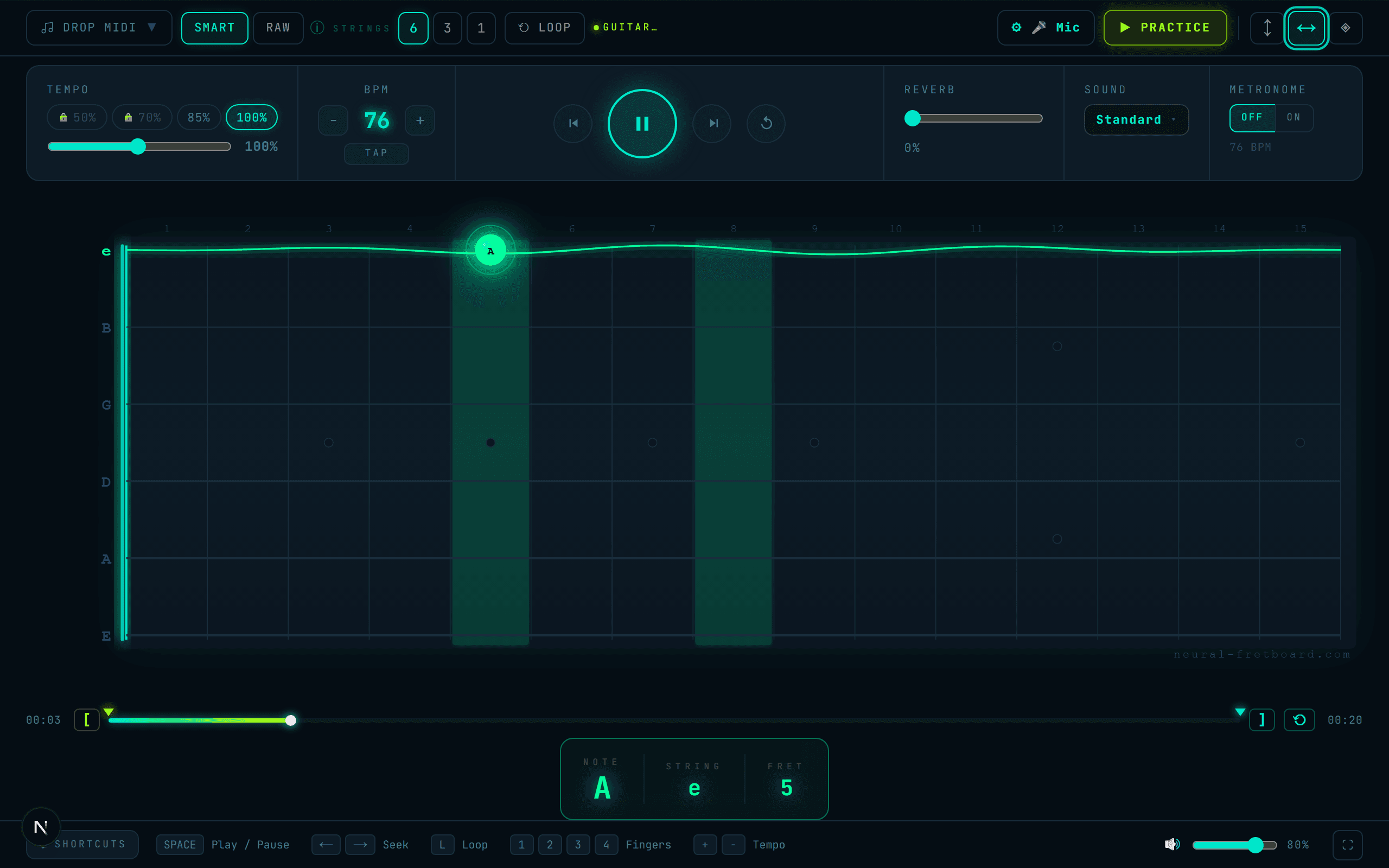 Practice Mode on the landscape neck, highlighting the note to play next.