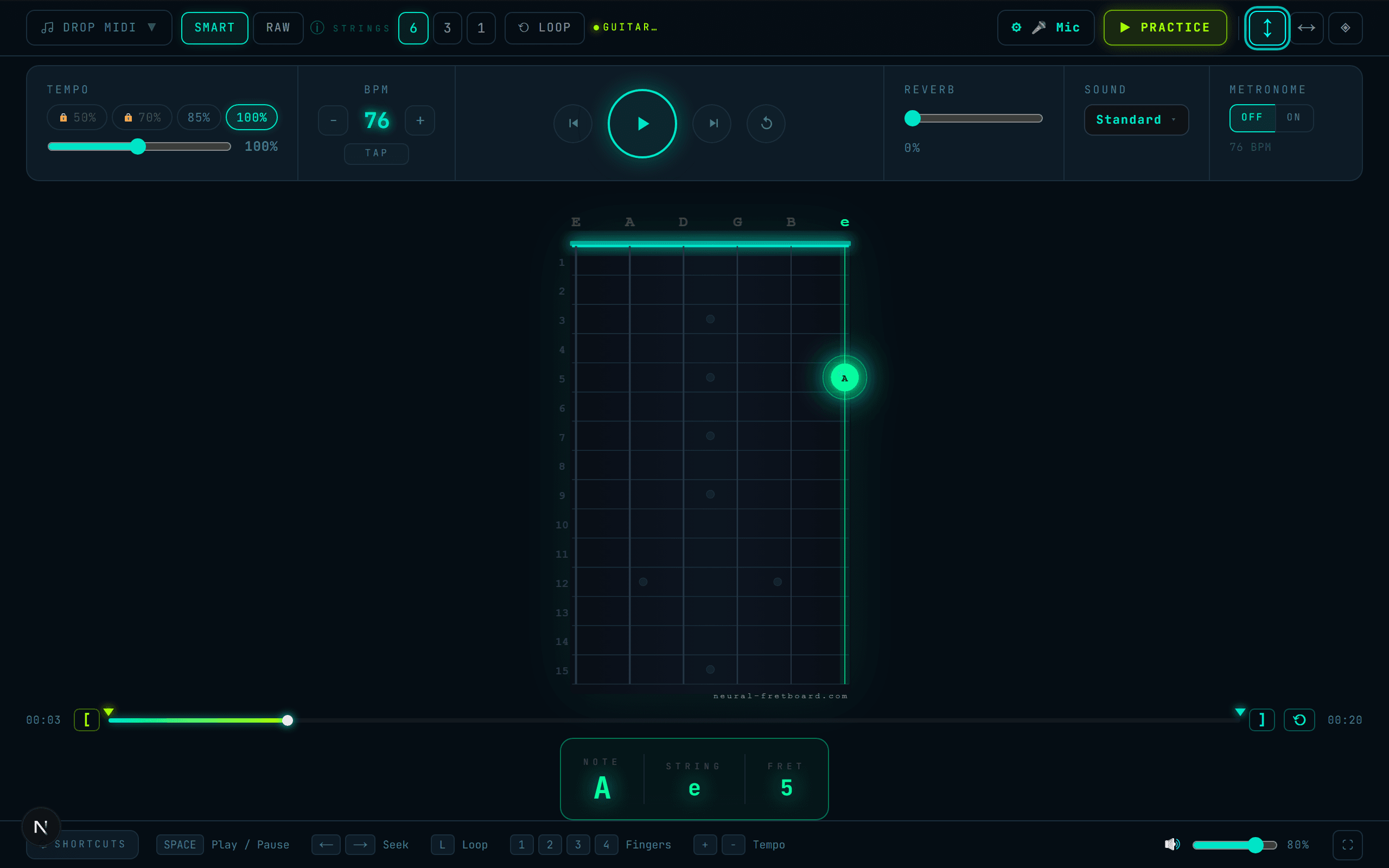 A Guitar Pro tab playing on the Neural-Fretboard neon fretboard