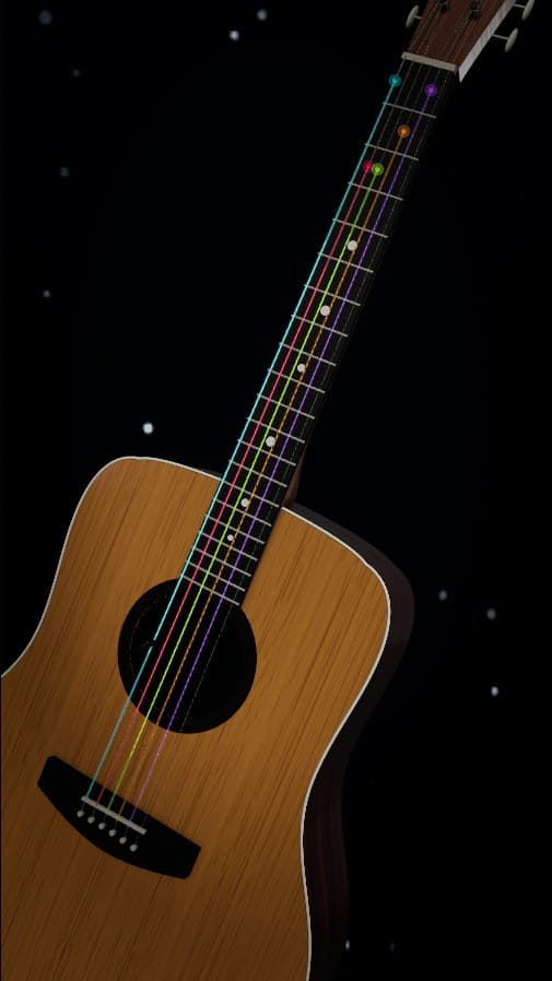 The vertical frame: the guitar posed upright, body low and headstock high, neon strings glowing along the neck.