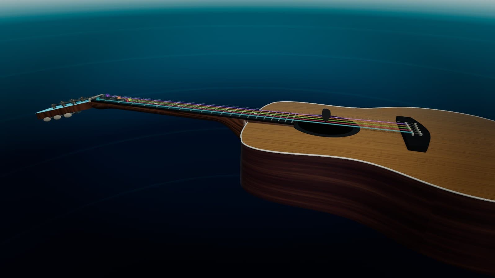 The wide frame: the full guitar lying across a 16:9 stage under drifting stars, strings lit in their colors.