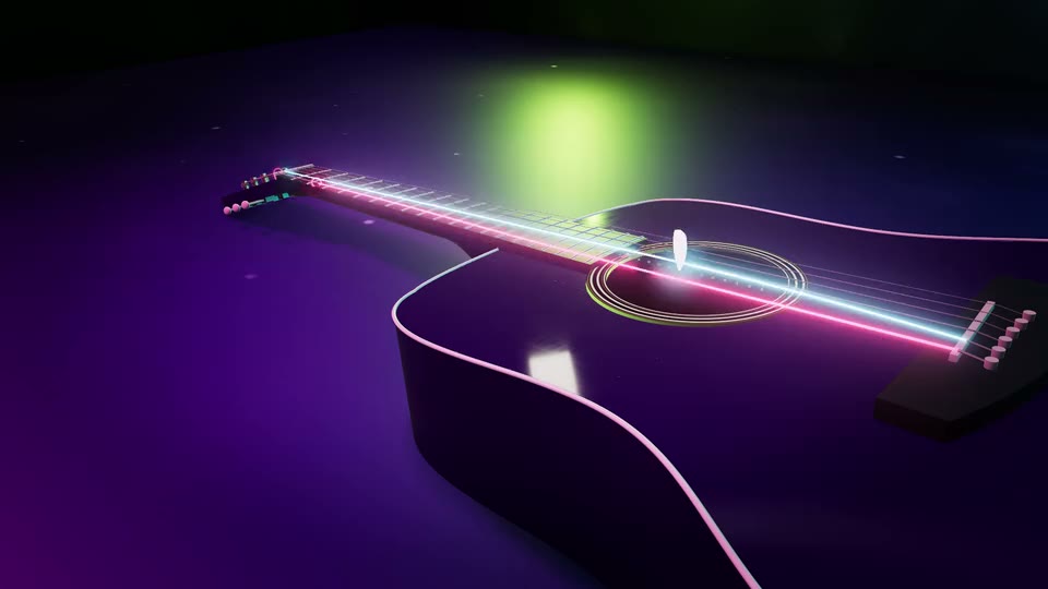 The 3D guitar in Arcade Neon: purple and blue neon washing a dark body, strings lit like an arcade cabinet.