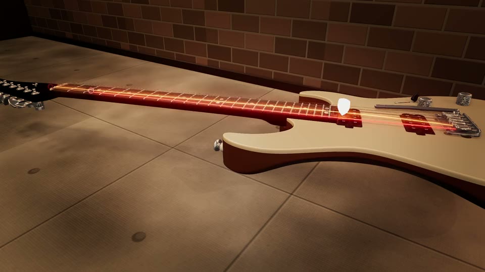 The 3D guitar in Backstage: a cream electric lying on a wooden floor against a lit brick wall.