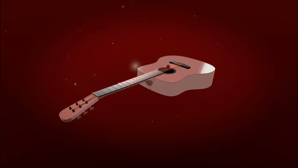 The 3D guitar in Ember Forge: a deep red body under ember light, sparks flying off the struck strings.