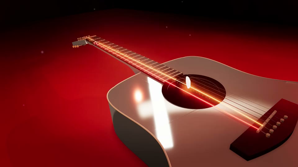 The 3D guitar in Ember Forge: a cream body raked by red forge light, the strings glowing over the soundhole.