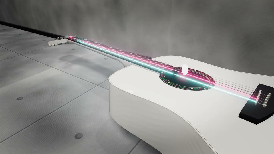 The 3D guitar in Gallery: a white body in a bright concrete room, the one look that is not dark.