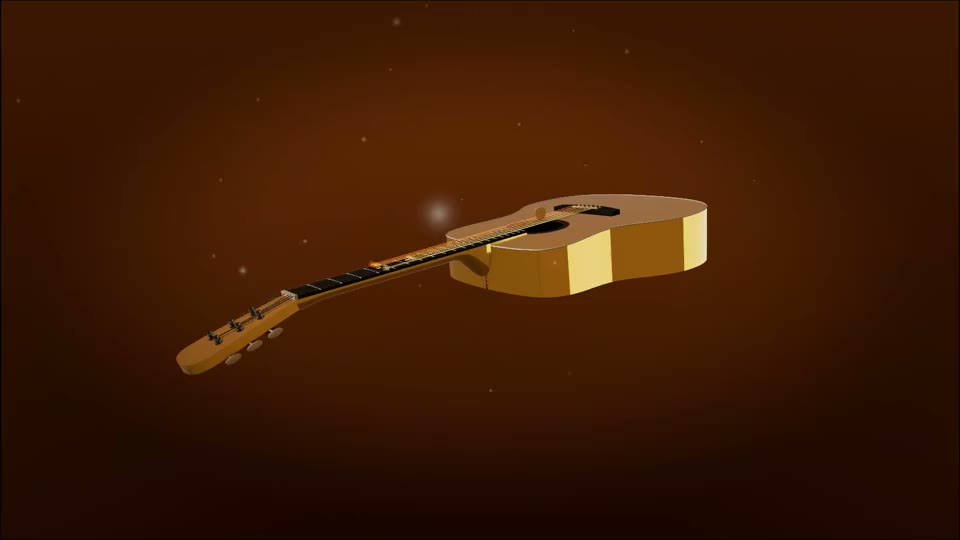 The 3D guitar in Golden Hour: gold strings glowing warm over the soundhole in low sunset light.