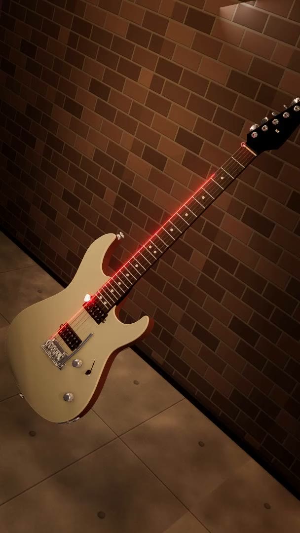 A vertical reel: one song played by a photoreal 3D guitar, cut across six of its eleven looks and both of its instruments. An electric against a lit brick wall, an acoustic in red forge light, close on a fretboard with the strings lighting up, a white acoustic in a bright concrete room, close again on a second fretboard, and a purple acoustic under neon.