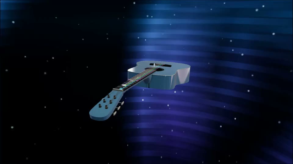 The 3D guitar in Vapor Ice: cool pastel strings ringing under green aurora curtains.