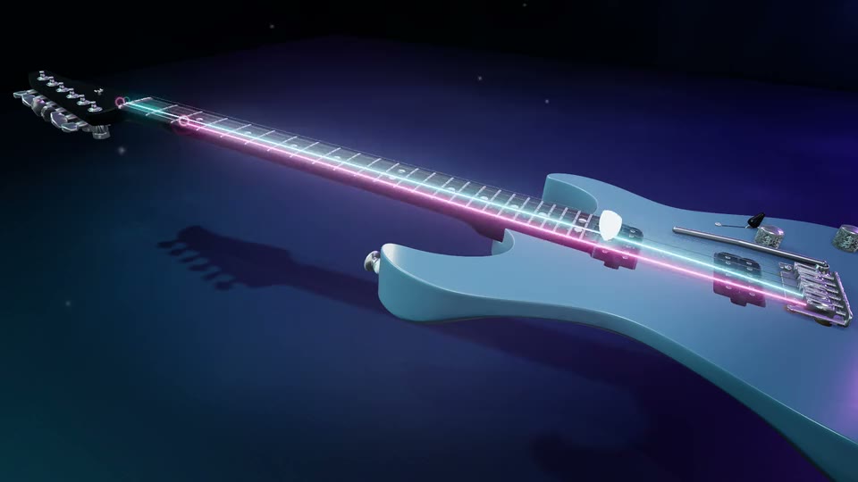 The 3D guitar in Vapor Ice: a pale blue electric in a violet room, cool strings ringing out.
