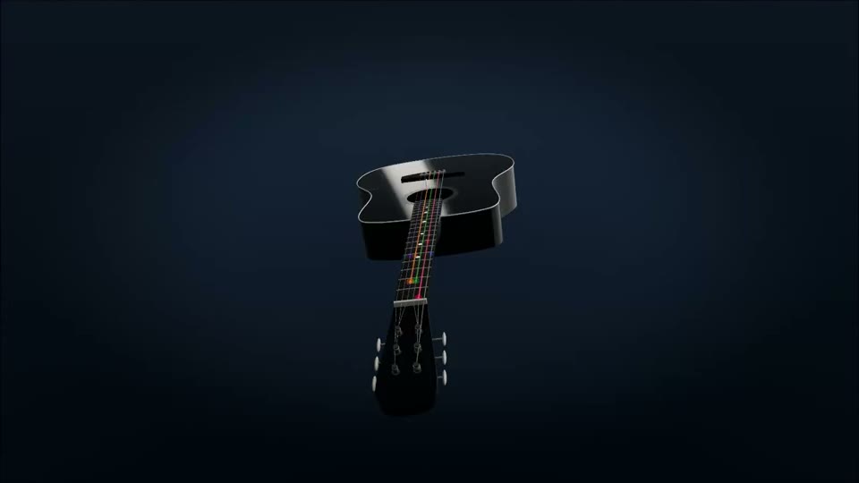 The 3D guitar in Midnight Lacquer: a black piano-gloss body in a dark void, one light raking the lacquer.