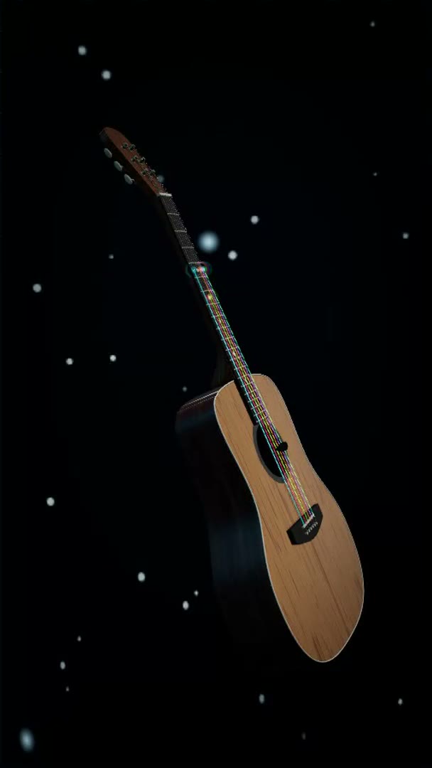A vertical take: a photoreal acoustic guitar posed upright, neon strings glowing along the neck as the song plays, stars drifting behind.