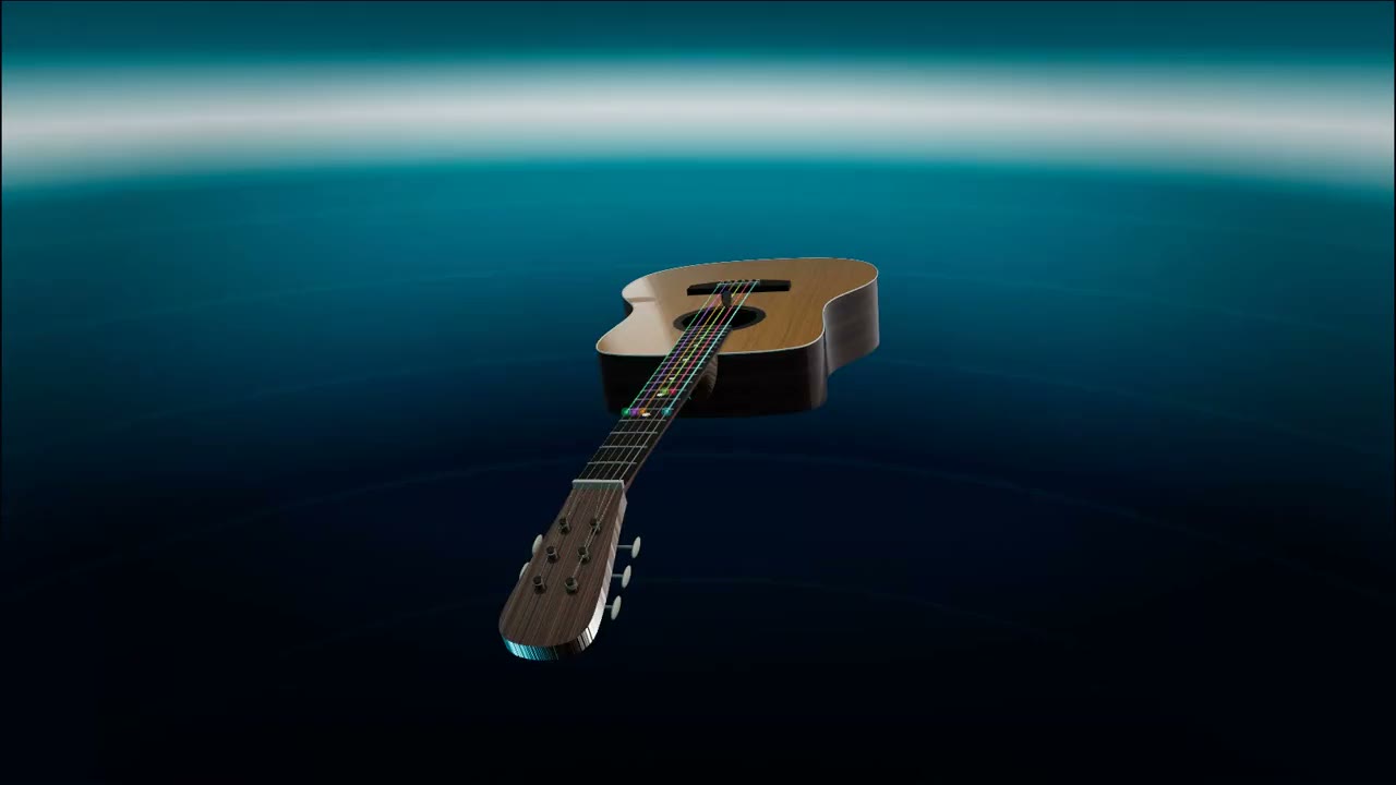 The 3D guitar in Neon Stage: neon strings glowing over natural wood, stars drifting behind the neck.