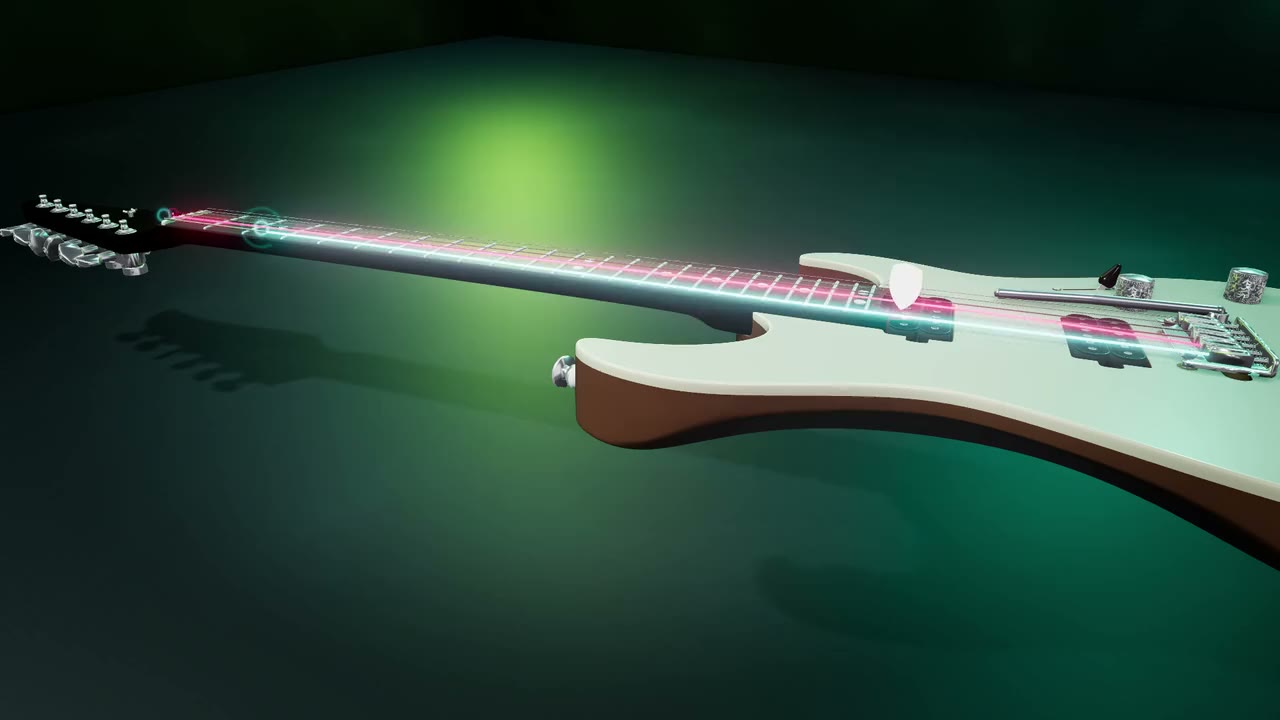The 3D guitar on the Neon Stage look: the fret wires crowd together as they climb the neck, and each string lights in its own color the moment its note is struck.