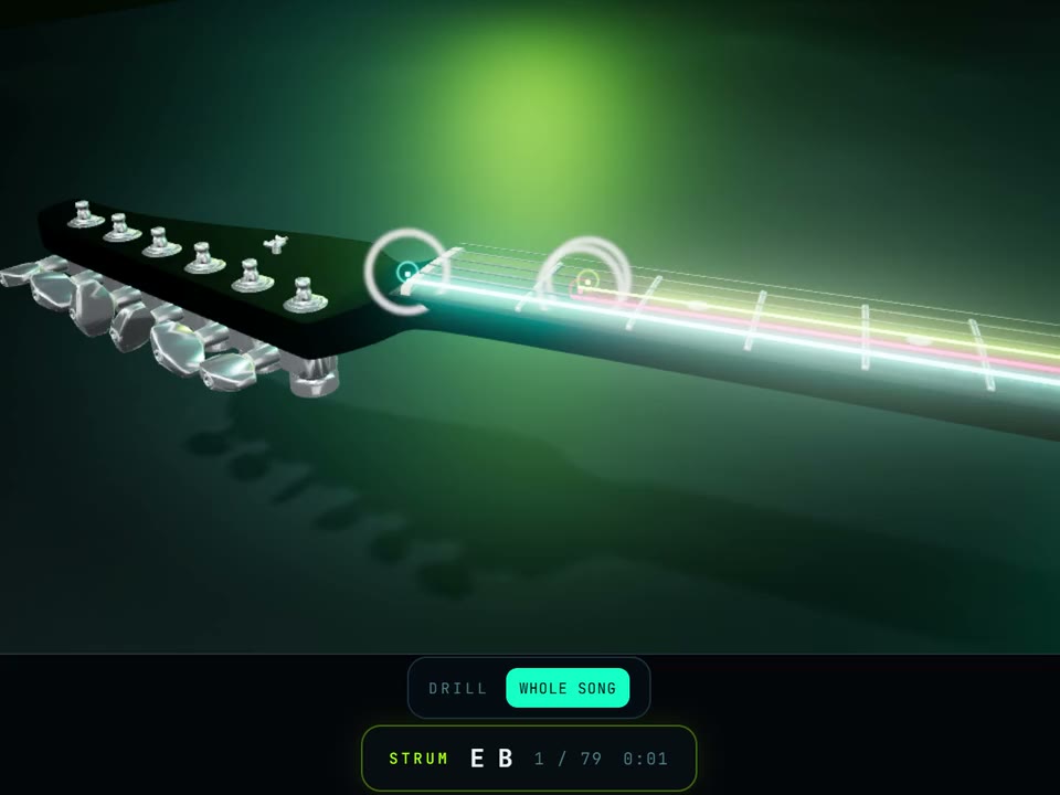 Practice Mode after a failed strum on the 3D guitar: the target rings on the neck turn lime for the note it heard and amber for the note still missing, and a line under the stage names the string and fret of the note that did not sound.